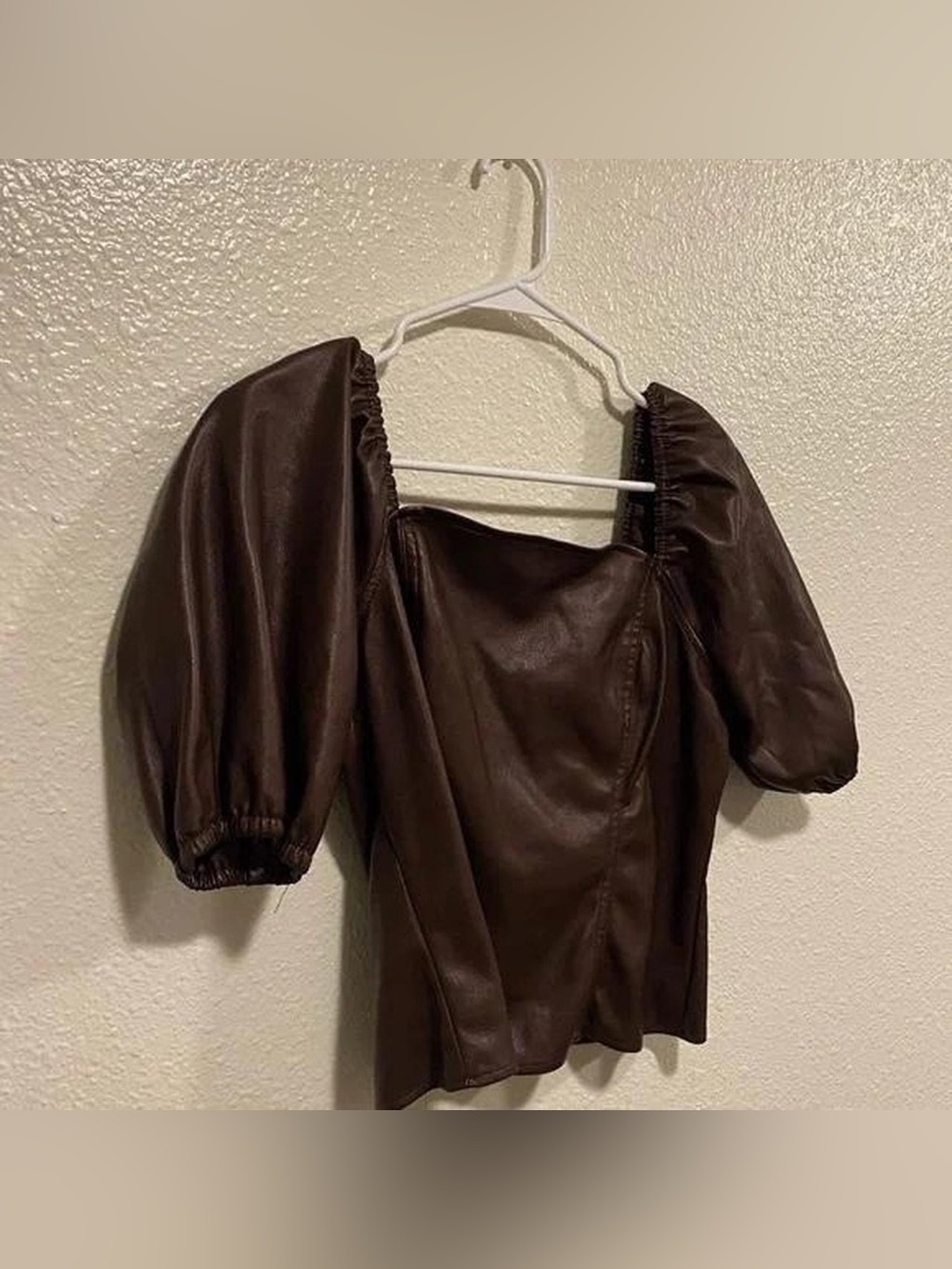 Marc New York Brown Puff Sleeve Faux-Leather Crop Top - Picture 2 of 6